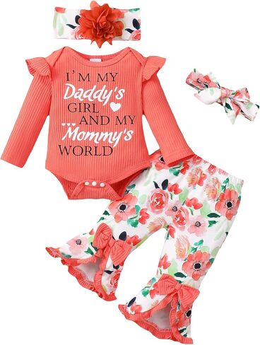 SUNNY PIGGY Newborn Baby Girl Clothes Infant Floral Outfits Bell Bottom Flowerpant Headband 0-18 Months Baby Girl Romper in Saudi Arabia