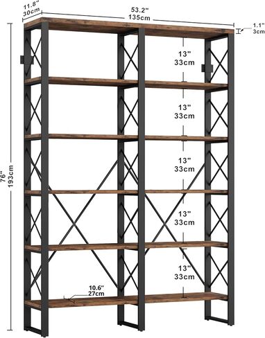 IRONCK Bookshelf Double Wide 6-Tier 76" H, Open Large Bookcase, Industrial Style Shelves, Wood and Metal Bookshelves for Home Office, Easy Assembly in Kuwait