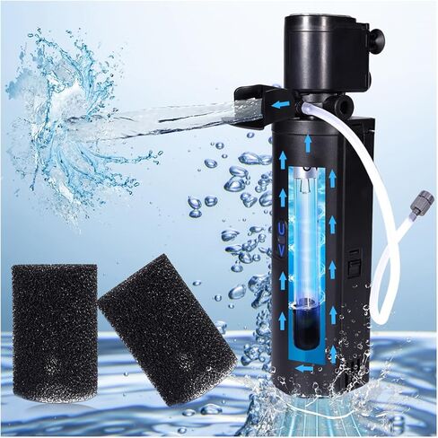 Dual-Chamber U-V Aquarium Filter, 4-in-1 Submersible Filter for 20-75 Gal Turtle Tanks, Ultra-Silent Green Clean Machine with Filtration, Wave Making & Oxygenation(FIN-A01(20-75Gal)) in Kuwait