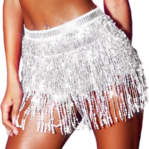 ريتان بوهو تنورة البطن الترتر البطن وشاح الورك شرابة هامش تنورة الهذيان حفلة الرقص أداء زي للنساء والفتيات in Kuwait