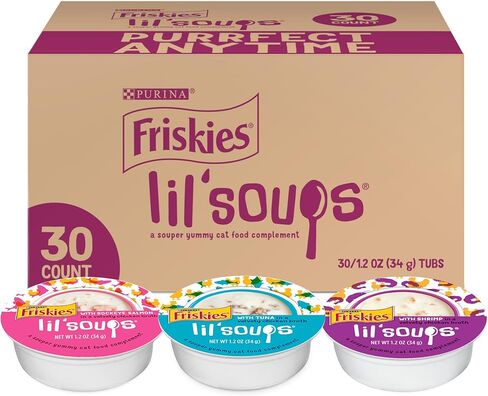 Purina Friskies Grain Free Wet Cat Food Lickable Cat Treats Variety Pack, Lil' Soups With Salmon, Tuna or Shrimp - (Pack of 30) 1.2 oz. Cups in Kuwait