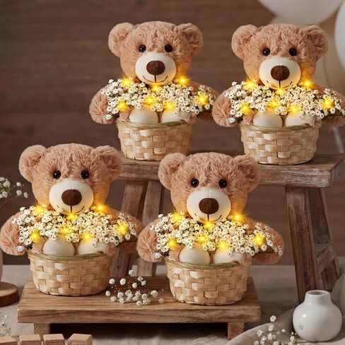 Amyhill 28 Pcs 4 Sets Bear Baby Shower Decorations Baby Shower Table Centerpieces with Bears Wooden Crates Bamboo Baskets Artificial Flowers for Birthday Wedding Gender Reveal Party(Cute) in Kuwait