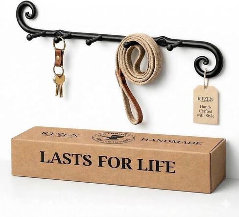 حامل مفاتيح صغير من RTZEN Farmhouse للجدار - ديكور دوامي مصنوع يدويًا 5 خطافات مفاتيح لمدخل المنزل - معطف محفظة من الحديد المطاوع باللون الأسود مثبت على الحائط وحامل المقود أو المنظم (دوامي) in Kuwait