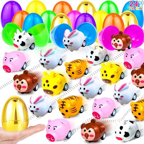 [1 Golden Egg]24Pack Prefilled Easter Eggs with Animals Pull Back Cars Toys Bunny Vehicle Plastic Surprise Eggs Kids Boys Girls Toddlers Easter Basket Stuffers Fillers Easter Eggs Hunt Party Favor in Kuwait