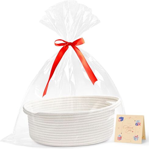 Bufims Small Woven Basket Gift For Empty With Ribbons and Bags, Durable Cute Gifts 12"X 8" X 5"Small Rope Basket for Gifting,White in Saudi Arabia