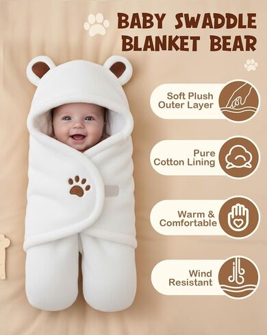 Lilian&Gema Baby Swaddle Blanket Cute Bear Swaddle Wrap for Infants 0-4 Months Newborn Baby Boys Girls Plush Swaddle Blankets Perfect Baby Shower and Registry Gift in Kuwait