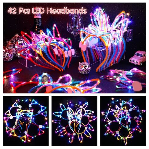 42 Pcs Halloween LED Cat Ears Headband Set, 14 Unicorn Light up Headband 14 Cute Cat Ear Luminous Headband 14 Rabbit Bunny Ear Glow Hairband for Party Decorations Women Adult Birthday Gift in Saudi Arabia
