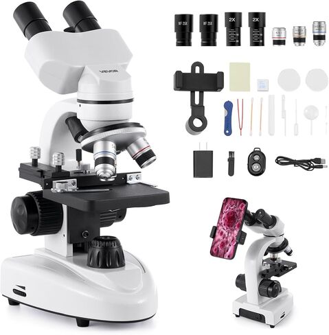 مجهر مركب VEVOR ثنائي الرؤية، نطاق التكبير 40X-2500X، مجهر مختبر بإضاءة LED مع مرحلة مزدوجة الطبقات، يأتي مع حامل للهواتف الذكية ومجموعة شرائح in Kuwait