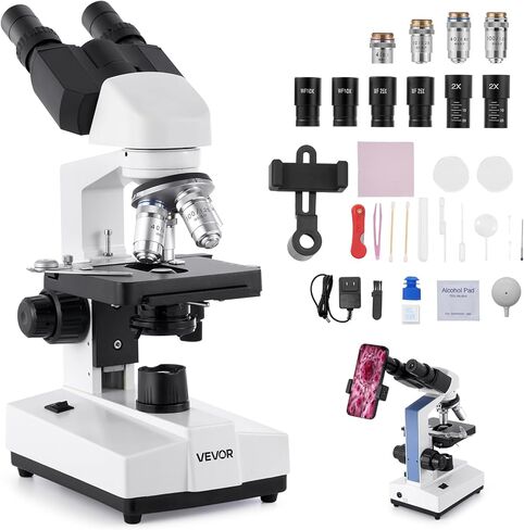 VEVOR Dual-View Compound Microscope, Magnification Range 40X-2500X, LED-Lit Laboratory Microscope with Dual Layer Stage, Comes with Smartphone Mount & Slide Set in Saudi Arabia