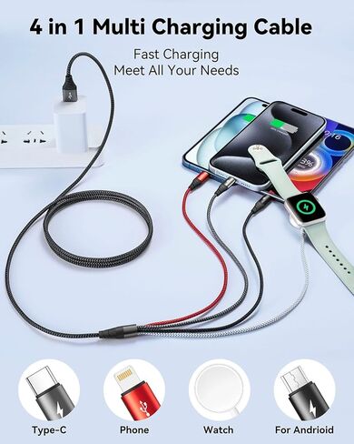 Upgraded 4 in 1 Multi Charging Cable for Apple Watch Charger Magnetic iWatch & iPhone Charger Cable Fast Charging Cord Compatible with iWatch Ultra/SE/9/8/7/6/5/4/3/iPhone15/14/13 Galaxy Android(4FT) in Kuwait
