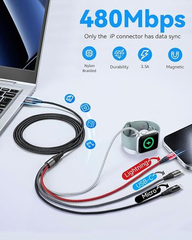 Upgraded 4 in 1 Multi Charging Cable for Apple Watch Charger Magnetic iWatch & iPhone Charger Cable Fast Charging Cord Compatible with iWatch Ultra/SE/9/8/7/6/5/4/3/iPhone15/14/13 Galaxy Android(4FT) in Kuwait