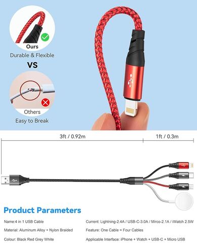Upgraded 4 in 1 Multi Charging Cable for Apple Watch Charger Magnetic iWatch & iPhone Charger Cable Fast Charging Cord Compatible with iWatch Ultra/SE/9/8/7/6/5/4/3/iPhone15/14/13 Galaxy Android(4FT) in Kuwait
