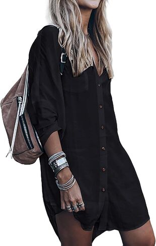 Bsubseach Women Loose Long Sleeve Swimsuit Cover Ups Button Down Beach Shirt in Kuwait