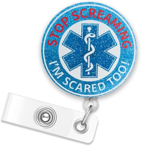 ERHACHAIJIA Stop Screaming I'm Scared Too Retractable Blue Glitter Badge Reel with Clip, Funny EMS ID Badge Holder Gift for Nurses Medical EMT Rn Paramedic First Responder Paramedic Medic Emergency in Kuwait