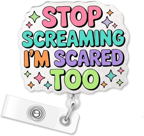 ERHACHAIJIA Stop Screaming I'm Scared Too Retractable Blue Glitter Badge Reel with Clip, Funny EMS ID Badge Holder Gift for Nurses Medical EMT Rn Paramedic First Responder Paramedic Medic Emergency in Kuwait