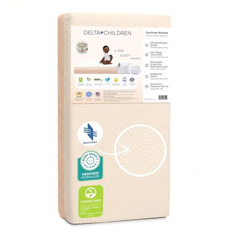 Delta Children Summer Breeze Mattress - Breathable Baby Crib & Toddler Mattress with Cloud Core + Delta Children Fitted Crib Sheets for Girls and Boys (Pack of 2), Safari Friends (Bundle) in Saudi Arabia