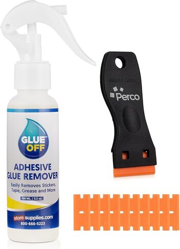 Perco Glue Off Adhesive Remover 3.3 fl. oz & Scraper with Plastic Razor for Removing Labels (Adhesive Remover & Scraper w/Plastic Razor) in Kuwait