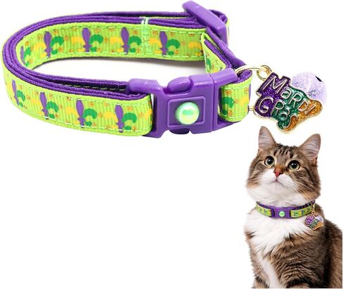 Mardi Gras Cat Jub مع جرس | طوق الانفصال عن السلامة | حجم كبير قابل للتعديل أو طوق هريرة (فلور دي ليز على الأسود ، الصغير (10 رطل وأقل)) in Kuwait