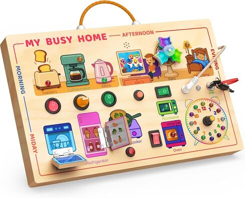 UdoUto Montessori Wooden Busy Board for Toddlers with LED Lights & Switches | Portable Activity Board, Car & Airplane Travel Toys Christmas & Birthday Gift for 1-3 Year Old Boys & Girls in Kuwait
