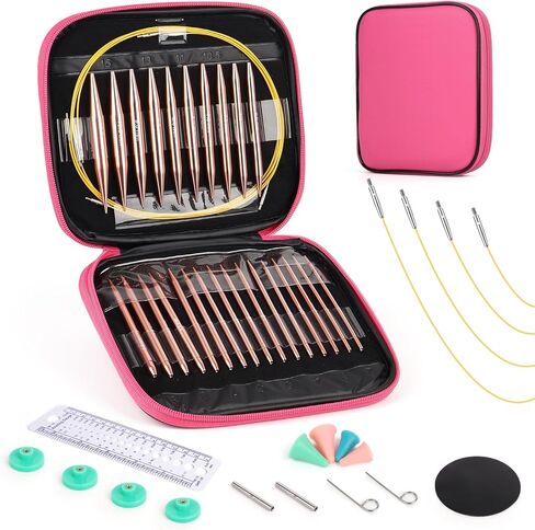Coopay Interchangeable Knitting Needles w/Case, 13 Sizes Knitting Needles Set 3mm-10mm, Circular Knitting Needles for Beginners, Complete Aluminum Knitting Needle w/Cable for Knitting, Rose-Gold in Kuwait