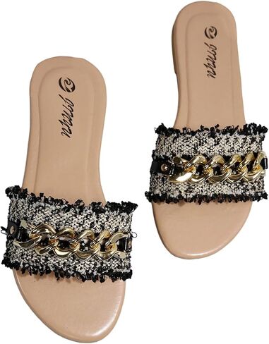 SweatyRocks Women's Fringe Trim Pearls Beaded Flat Sandals Open Toe Single Band Dressy Slide Shoes in Saudi Arabia