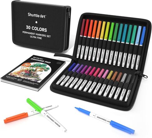 Shuttle Art Permanent Marker, 30 Colors Ultra Fine Point, Assorted Colors, Works on Plastic,Wood,Stone,Metal and Glass for Kids Adult Coloring Doodling Marking in Kuwait