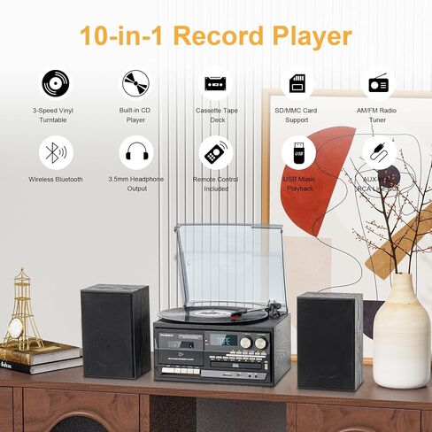 9 in 1 Vinyl 3 Speed Record Player with Bluetooth Turntable for Vinyl with Built-in Speakers USB Playback CD Cassette FM AM Raido Aux in RCA Out Vintage in Saudi Arabia