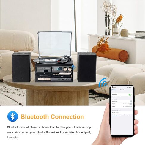 9 in 1 Vinyl 3 Speed Record Player with Bluetooth Turntable for Vinyl with Built-in Speakers USB Playback CD Cassette FM AM Raido Aux in RCA Out Vintage in Saudi Arabia