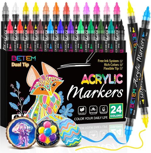 علامات الطلاء الاكريليك أقلام الطلاء ، 24 لونا نصيحة ثنائية علامات أكريليك سائل مباشر مع نظام التحكم في الحبر التلقائي ، فناء وفرشاة اللوازم الفنية للطلاء الصخري ، الخشب ، الحجر ، الأقمشة ، حرفة DIY in Kuwait