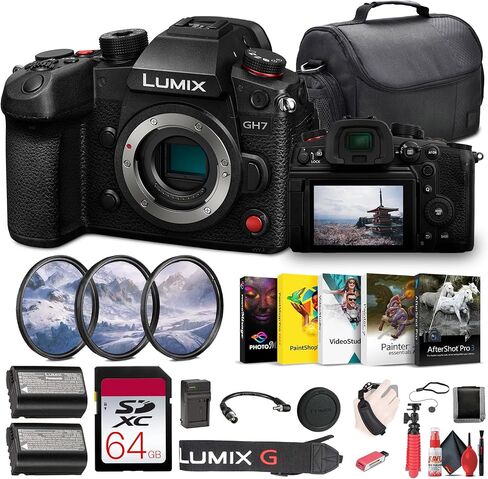 Panasonic Lumix GH7 Mirrorless Micro Four Thirds Camera (DC-GH7BODY) + 64GB SF-M Tough Memory Card + Bag + Photo Editing Software + DMW-BLK22 Battery + Card Reader + Charger + Flex Tripod + More in Saudi Arabia