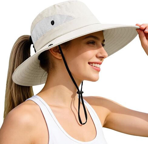Rosoz Ponytail Sun Bucket Hats for Women UV Protection Foldable Mesh Wide Brim Hiking Beach Fishing Summer Safari in Kuwait