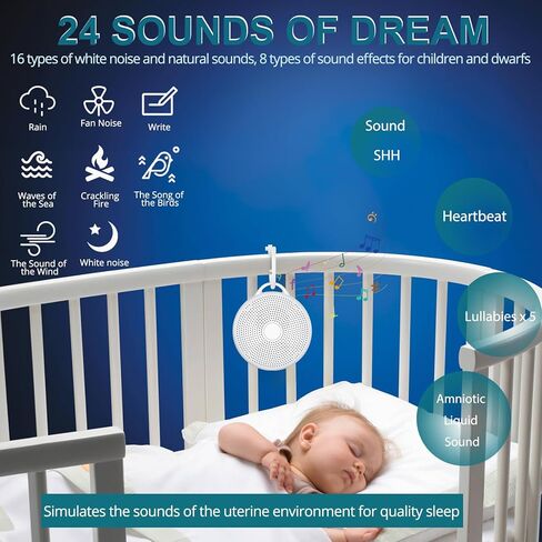 آلة ضوضاء بيضاء محمولة ، 24 صوتًا مهدئًا ، 3 إعدادات مؤقتة مع إضاءة ليلية ، هدية آلة صوتية تعمل بالبطارية الصديقة للطفل للأطفال/روضة الأطفال/النوم/اليوغا/نوم الطفل in Kuwait