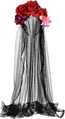 Merroyal Women's Dia de los Muertos Rose Flower Costume Headpiece Halloween Day of The Dead Veil in Kuwait