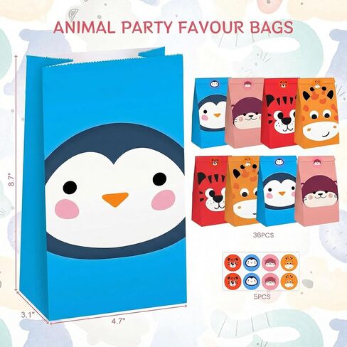 VGOODALL 36 Pack Animal Party Favor Bags with Stickers, 4.7"x 3.1"x 8.7" Paper Treat Bags for Kids Birthdays Classroom Rewards Goodie Gift Supplies in Kuwait