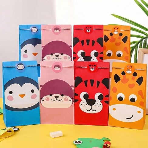 VGOODALL 36 Pack Animal Party Favor Bags with Stickers, 4.7"x 3.1"x 8.7" Paper Treat Bags for Kids Birthdays Classroom Rewards Goodie Gift Supplies in Kuwait