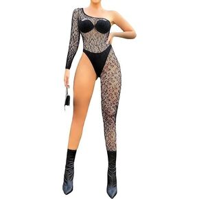 Hey Song Women's Leopard Pattern Lace Bodycon Bodysuit Women's Mesh Bodystocking Slim Fit Club Wear Party Dresses in Kuwait