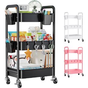 Pink 3 Tier Rolling Cart Metal, Three Tiered Craft Cart with Lockable Wheels, Utility Art Cart Organizer on Wheels, Heavy Duty Storage Carts for Baby Diaper, Book, Bathroom, Kitchen, Nail, Makeup in Saudi Arabia