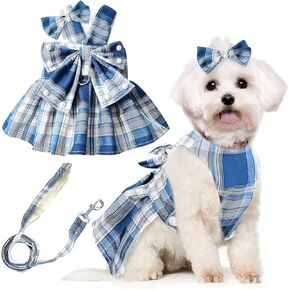 PETCARE Cute Dog Dress Clothes for Small Dogs Cats Girl Female Purple Plaid Bow Tie Dog Harness Dresses Leash Set with Pearls Bow Accessories Birthday Puppy Dress Shih Tzu Yorkies Chihuahua Outfits in Kuwait