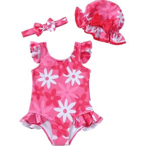 Renotemy Baby Girl Swimsuit Infant Bathing Suit Swimwear Sleeveless Bikini Tankini Toddler Girl One-Piece Swimsuit with Hat in Kuwait