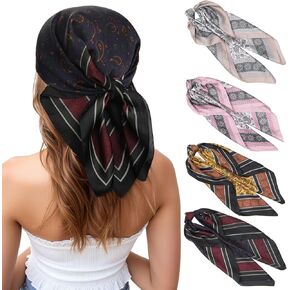 CHLINS 27 Inches Silk Feeling Square Head Scarf - 4 Pcs Satin Square Head Scarves for Women Hair Bandanas in Kuwait