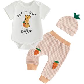 Kuriozud Newborn Baby Boy Easter Outfit Bunny Romper Top and Pants Set with Bunny Ear Hat Infant 3 Piece Spring Clothes in Kuwait