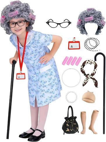 17pcs Old Lady Costume for Kids Girls 100 Day of School Costume Girls Kids Grandma Costume Old Women Dress Up in Kuwait