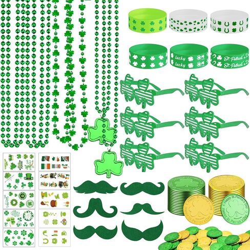 St Patricks Day Accessories Party Favors Set, Shamrock Glitter Earrings Glasses Beaded Necklaces Bracelets Tattoos Stickers Accessories for St. Patty's Day Irish Party Decor Parades Supplies in Saudi Arabia