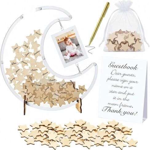 Yookeer Moon Guest Book with Wood Star Cutouts Baby Shower Alternative Guest Books with Photo Frame for Baby Shower Wedding Boys Girls Birthday Parties Keepsake(Large,Clear) in Kuwait