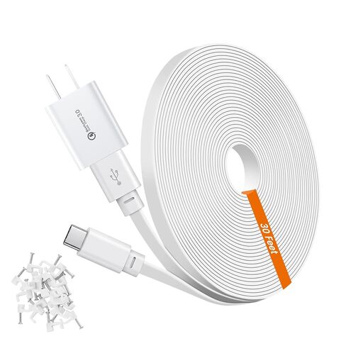 30ft Power Extension Cable for Tapo TP-Link 2K QHD C120 Security Camera - 9m USB C Long Flat Charging Cord with 18W Fast Charger, White in Kuwait
