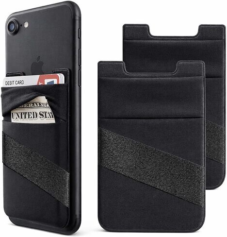 Mizi (عبوة من عبوتين من محفظة الهاتف اللاصقة القابلة للتمدد، حامل بطاقات لظهر عصا الهاتف على الجرابات، تصميم فريد بجيب مزدوج + حزام إصبع لهاتف iPhone/Android/Samsung Galaxy - أسود in Kuwait