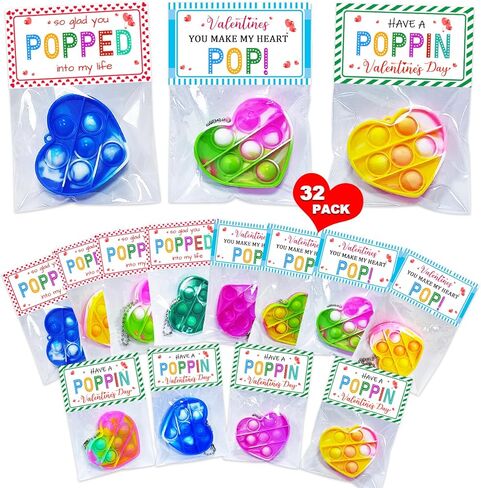 Baoxue 32 Pack Valentines Day Cards for Kids ، Pop It Valentines Cards for Kids ، Homes -stall brake with keychains ، perfect for school parts parchanges parchanges in Kuwait