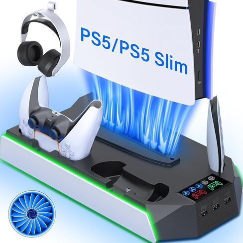 PS5 / PS5 Slim Cooling Station with Controller Charging Station - LED Light Cooling Stand for Playstation 5 Slim Disc/Digital Console, Accessories Incl RGB Light/Cooler Fan/3 USB Hubs/Headset Holder in Kuwait