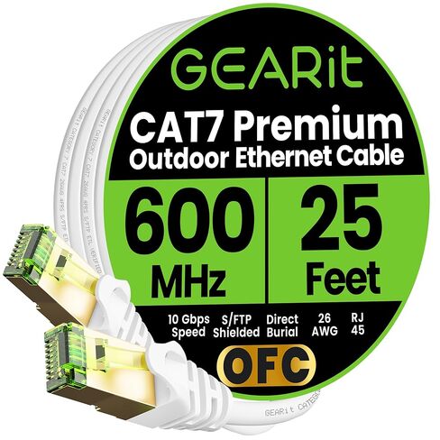 كابل إيثرنت خارجي GearIT Cat7 (25 قدمًا) زوج ملتوي من رقائق معدنية SFTP، نحاس نقي، LLDPE، مقاوم للماء، دفن مباشر، داخلي، مقاوم للأشعة فوق البنفسجية، POE، شبكة، LAN، إنترنت، Cat 7-25 قدم in Kuwait