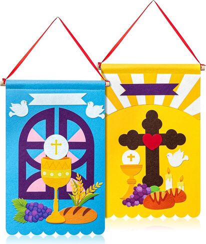 WATINC First Communion Banner Kit - Holy 1st Communion Felt Banner Kit Baptism Christian Cross DIY Craft Decorations, Make Your Own Sunday School Church Hanging Crafts Supplies for Girls Kids (2 Set) in Saudi Arabia